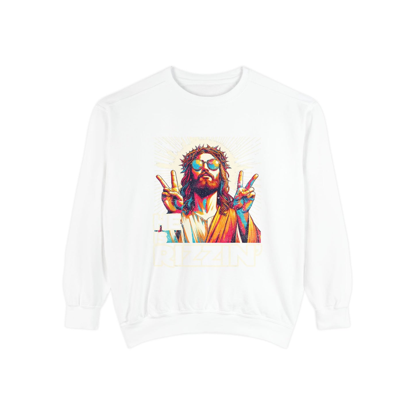 Peace Sign Graphic Sweatshirt — Retro Jesus-Inspired Colorful Design