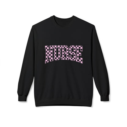 Nurse Checkerboard Crewneck Sweatshirt — Pink "NURSE" Graphic