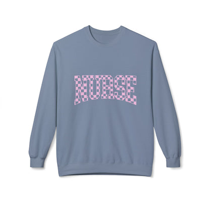 Nurse Checkerboard Crewneck Sweatshirt — Pink "NURSE" Graphic