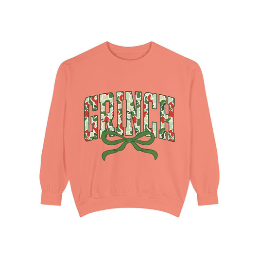 Grinch Holiday Sweatshirt — Green Camo 'GRINCH' Bow Pullover