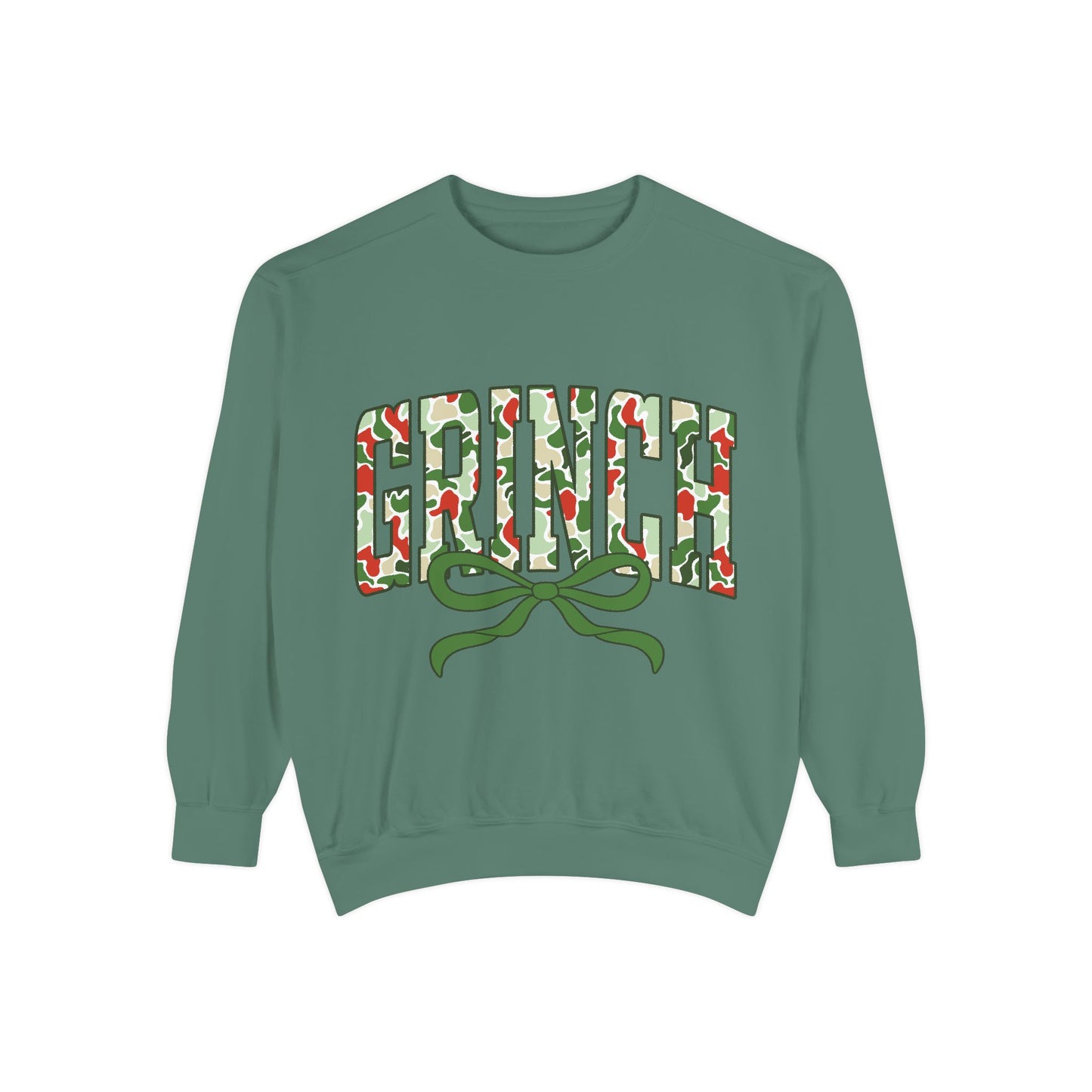 Grinch Holiday Sweatshirt — Green Camo 'GRINCH' Bow Pullover