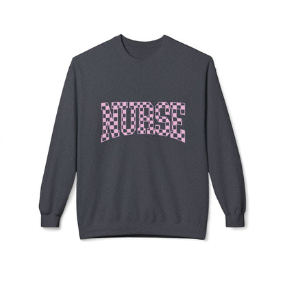 Nurse Checkerboard Crewneck Sweatshirt — Pink "NURSE" Graphic