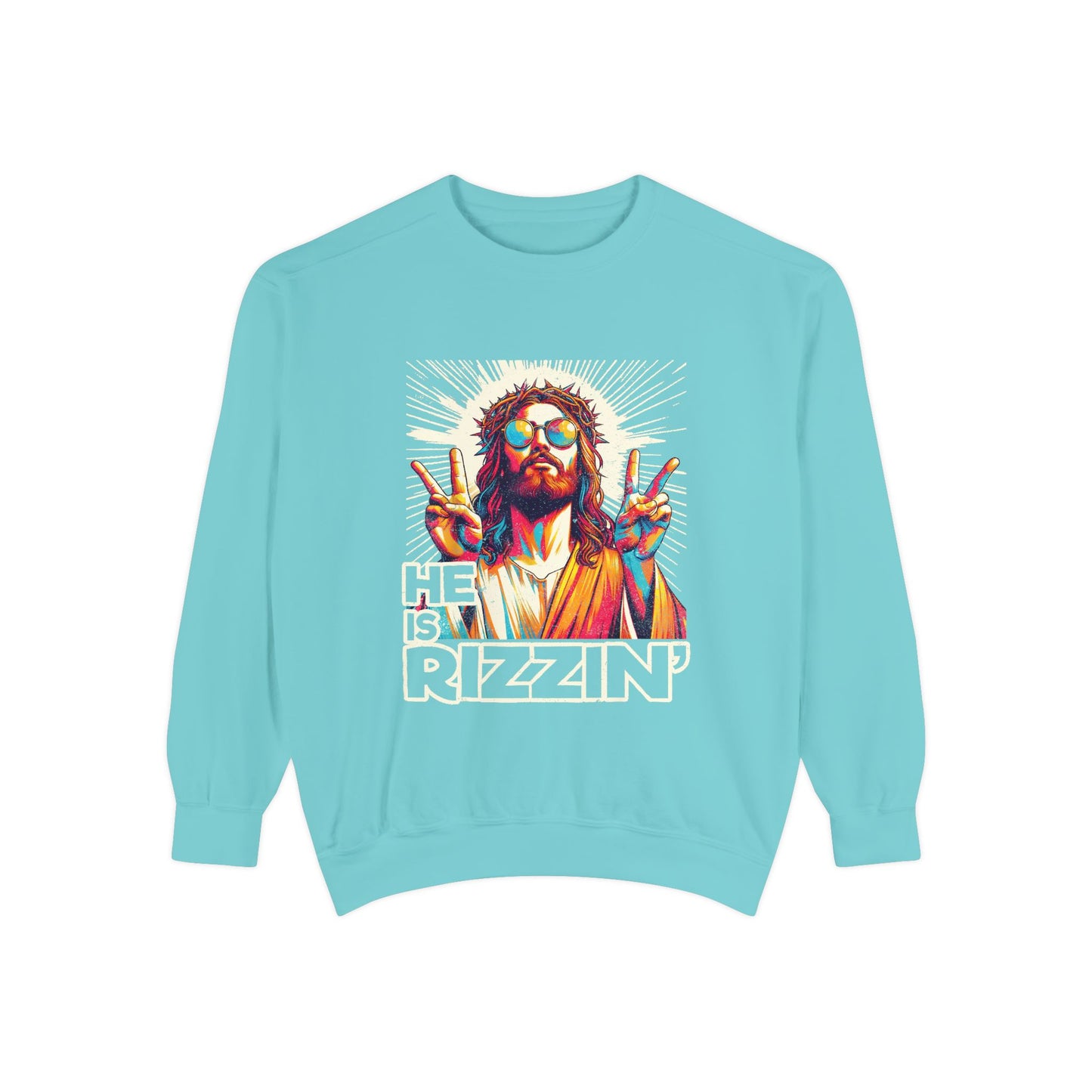 Peace Sign Graphic Sweatshirt — Retro Jesus-Inspired Colorful Design