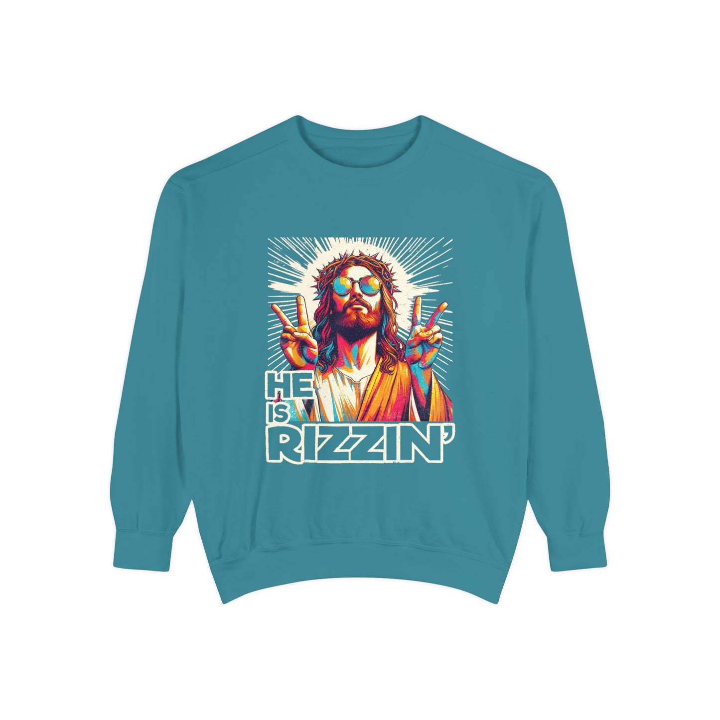 Peace Sign Graphic Sweatshirt — Retro Jesus-Inspired Colorful Design